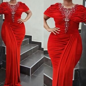 Scarlet Red Evening Gown with Beaded Detail